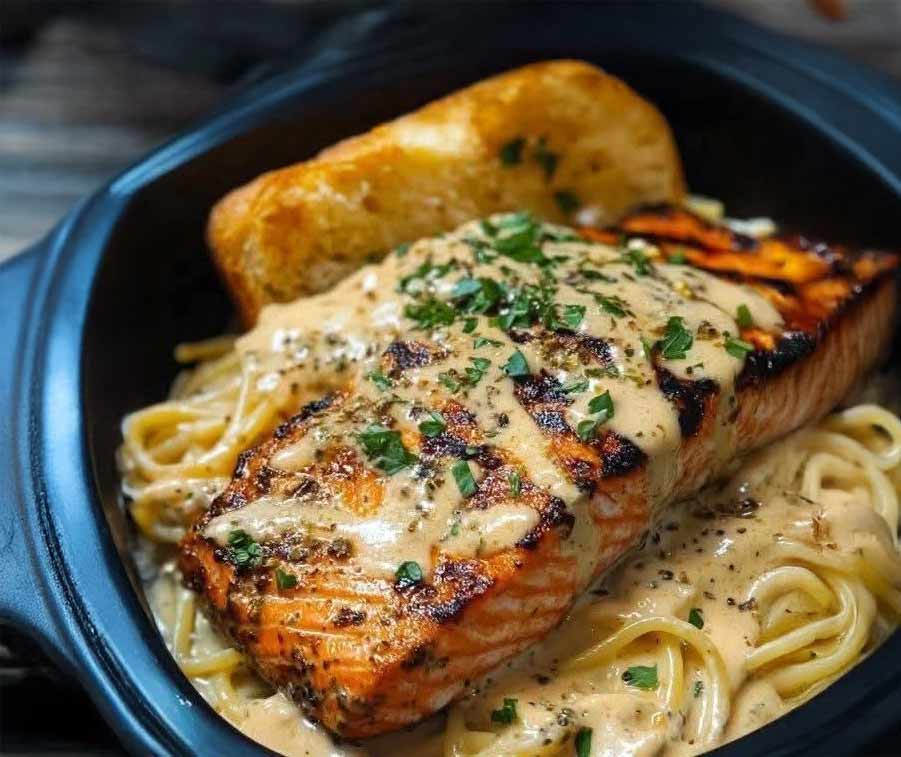 Salmon with Alfredo Pasta recipe